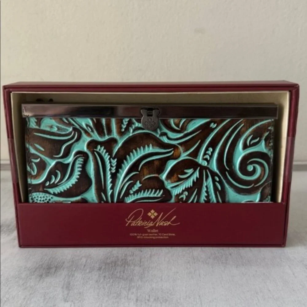 Patricia Nash Wallet Leather Framed Turquoise Cauchy Tooled In Gift Box